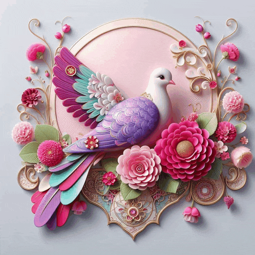 a purple and white bird is surrounded by pink and green flowers