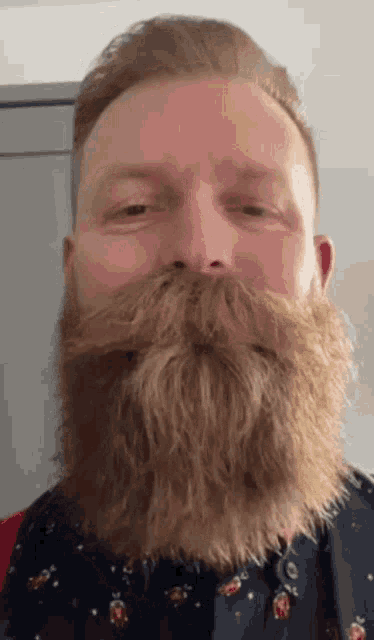 a man with a long beard and mustache is wearing a blue shirt