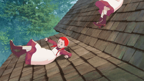 two girls falling off a wooden roof in a cartoon