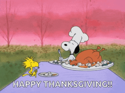 a cartoon of snoopy and woodstock eating a turkey with the words happy thanksgiving below