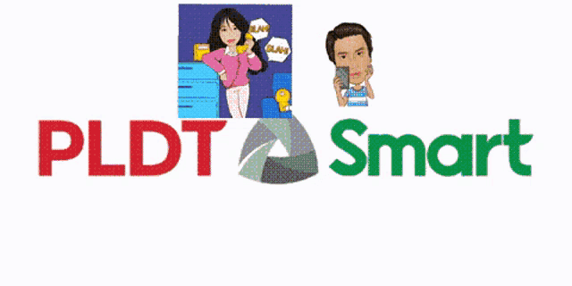 a logo for pldt smart shows a woman talking on a phone and a man holding a phone