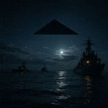 a triangle is flying over a ship in the middle of the ocean