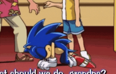 a cartoon of sonic the hedgehog laying on the floor with the words " at should we do grandpa " below him