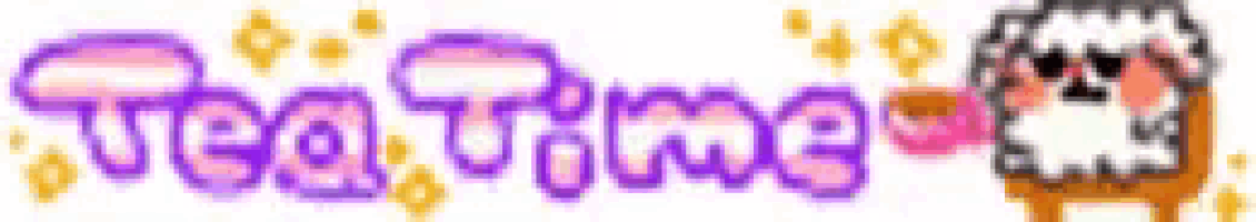 the word tea time is written in purple and pink