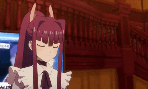 a girl with purple hair points at something