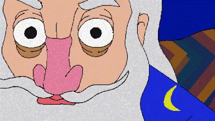 a cartoon drawing of a wizard with a crescent moon on his chest