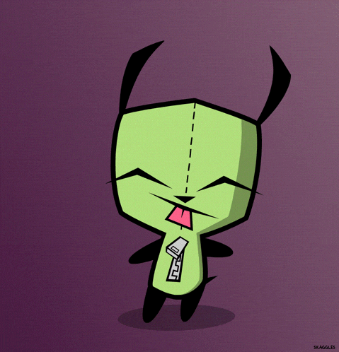 a cartoon character with a zipper on his chest and the name skaggles on the bottom right