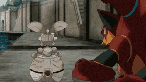 a cartoon character is standing next to a robot .