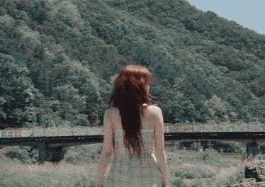 a woman in a plaid dress is looking at a bridge over a river