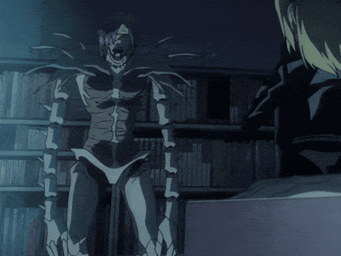 a skeleton is standing next to a girl in a dark room with bookshelves in the background