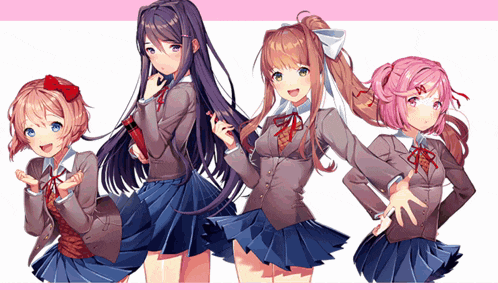 a group of anime girls standing next to each other on a pink background