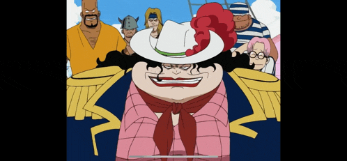 a group of people are standing around a cartoon character wearing a white hat and a pink shirt