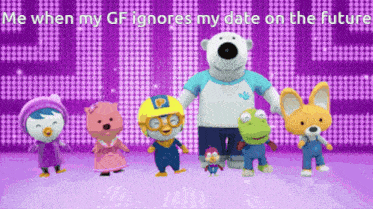 a group of cartoon characters are standing in front of a purple background