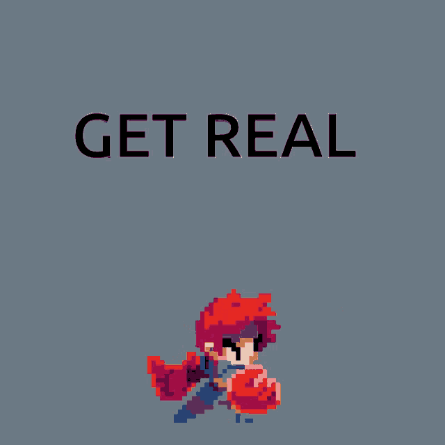 a poster that says get real on it with a pixelated image
