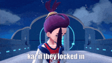 a cartoon character with purple hair and the words kaz if they locked in on the bottom