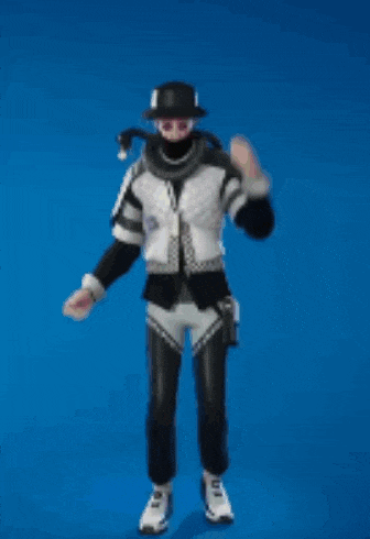 a man in a black and white outfit is dancing with his arms outstretched on a blue background .