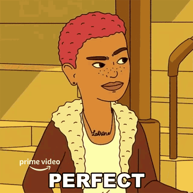a cartoon of a woman with red hair and a necklace that says latrine perfect