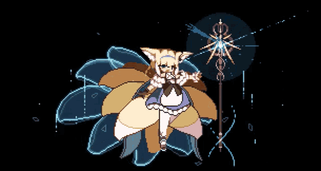 a pixel art drawing of a fox girl with a staff