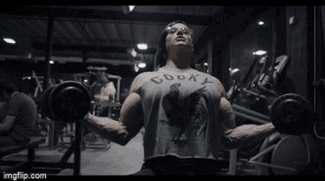a man is lifting a dumbbell in a gym while wearing a shirt with a rooster on it .
