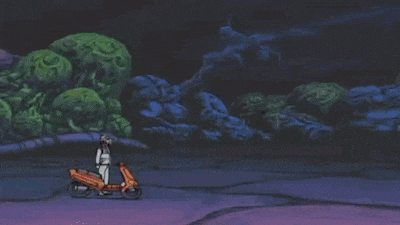 a man on a scooter stands in front of a robot that says " why do you care about me " on it