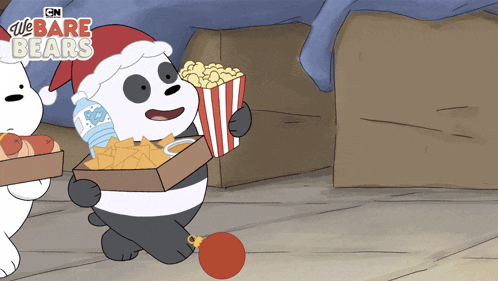 a we bare bears cartoon shows a panda bear carrying a box of popcorn