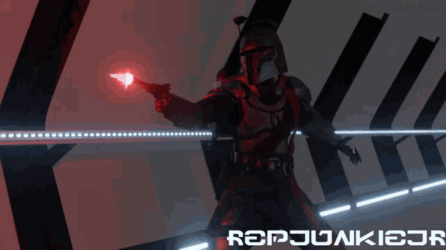 a man holding a gun in front of a red light and the word republic on the bottom left