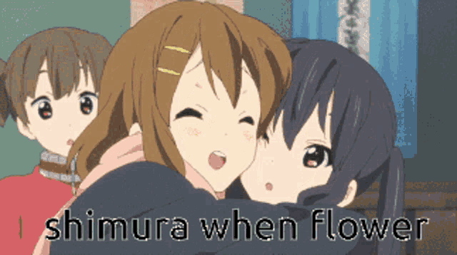 three anime girls hugging each other with the words shimura when flower written below them