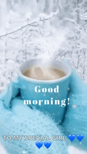 a cup of coffee is being held in a pair of blue mittens in front of a snowy forest .