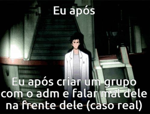 a man in a lab coat is standing in front of a staircase with a caption that says " eu apos "