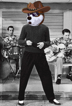 a black and white photo of a man with a dog 's head