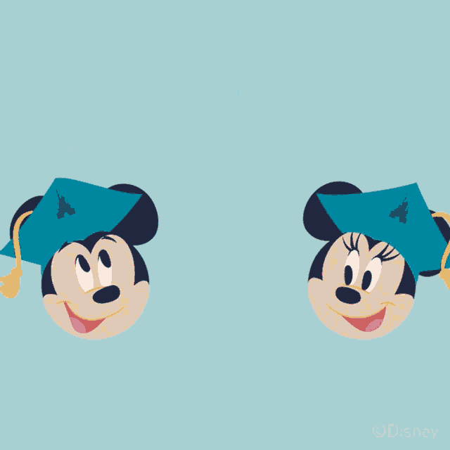 an illustration of mickey mouse and minnie mouse wearing graduation caps