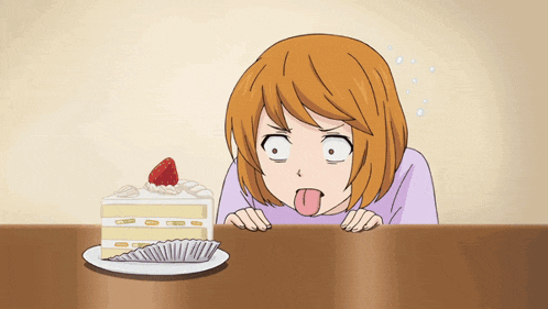 a girl sticking her tongue out at a piece of cake on a plate