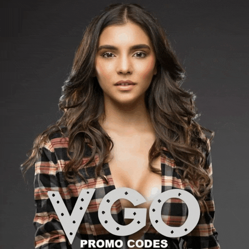 a woman in a plaid shirt stands in front of a sign that says promo codes