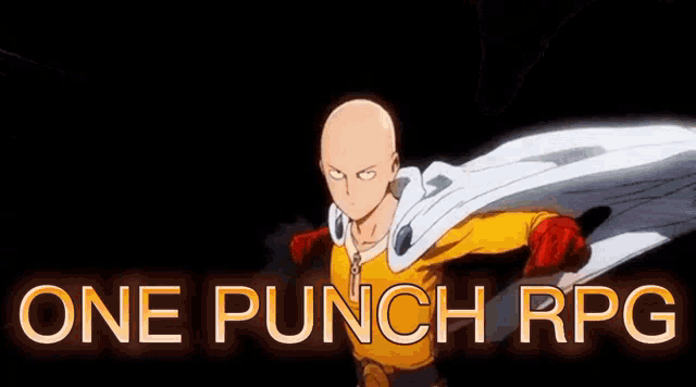 the logo for one punch rpg shows a bald man in a yellow and white outfit .