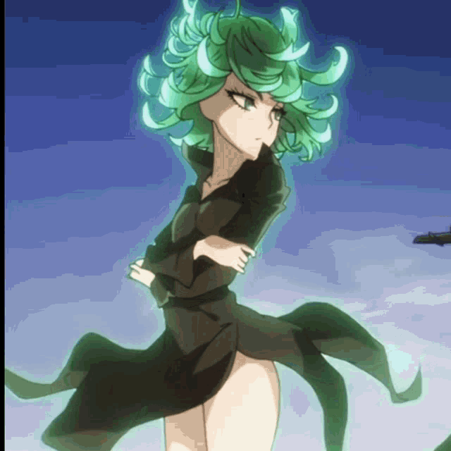 a cartoon character with green hair and a black dress