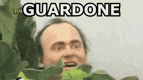 a man is standing in front of a plant and the word guardone is on the screen behind him .