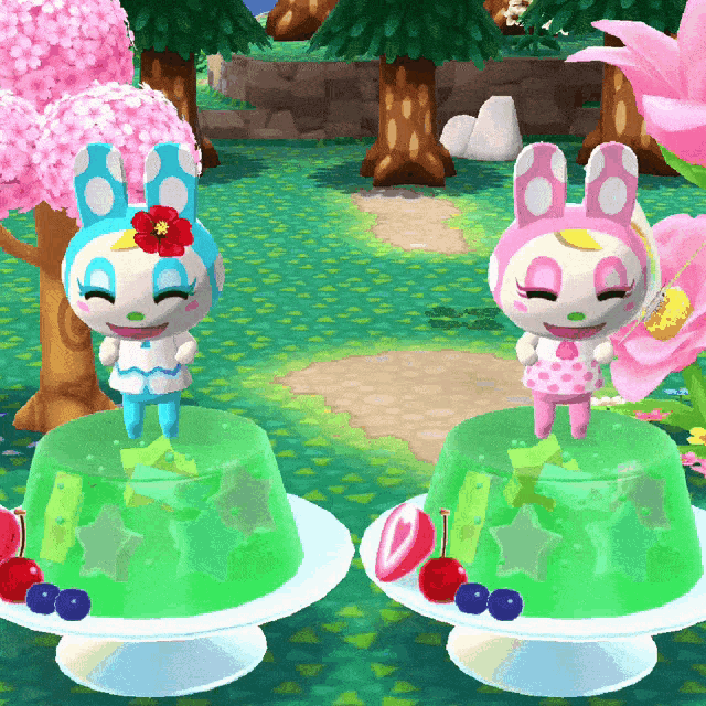 two cartoon characters are standing on top of green jelly cakes