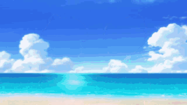 a pixel art of a beach with a blue sky and clouds