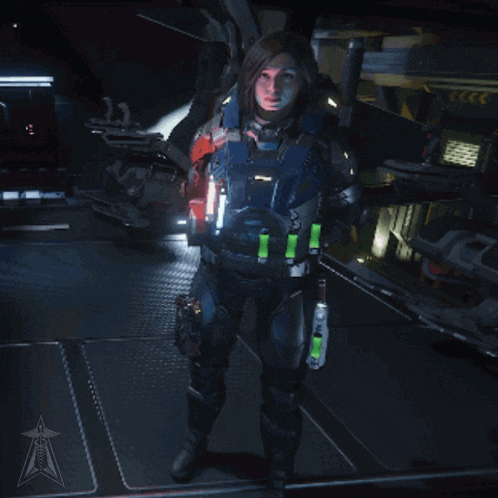 a video game character says salute while standing in a room