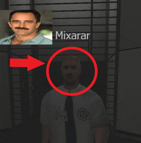 a man with a mustache is standing in front of a sign that says mixar