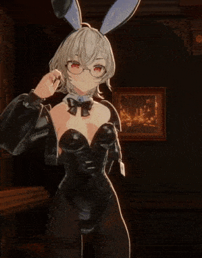 a girl in a bunny outfit is standing in front of a picture