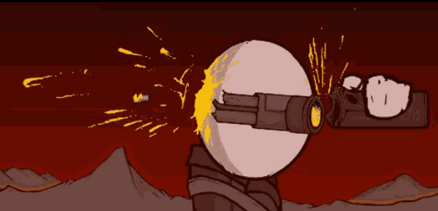 a cartoon drawing of a person holding a gun with a bullet coming out of it