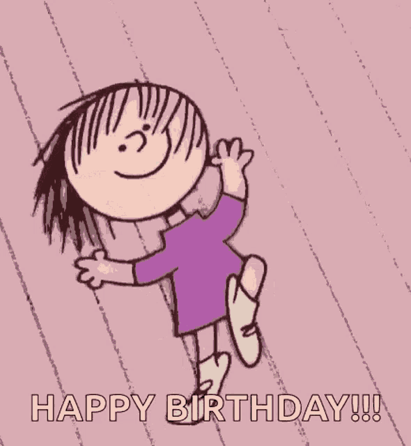 a cartoon of a girl jumping in the air with the words `` happy birthday ! ''