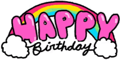 a happy birthday logo with a rainbow and clouds on a white background .