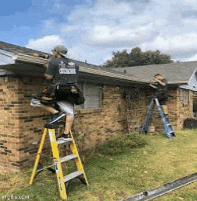 a man on a ladder is working on a roof