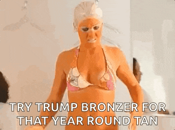 a woman in a bikini with a trump bronzer on her face is standing in front of a mirror .