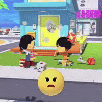 a yellow smiley face with an angry face is in front of a boy and a girl
