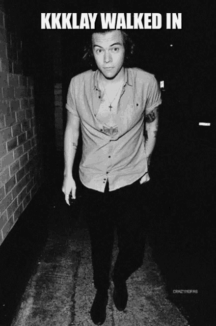 a black and white photo of harry styles with a caption that says kkklay walked in