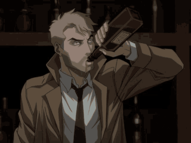 a man in a suit and tie is drinking from a bottle that says ' earl ' on it