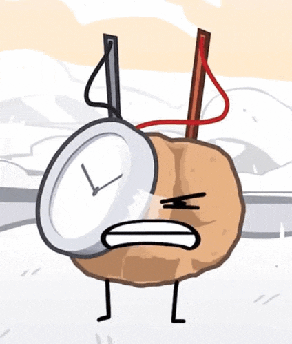 a cartoon drawing of a potato with a clock on its head